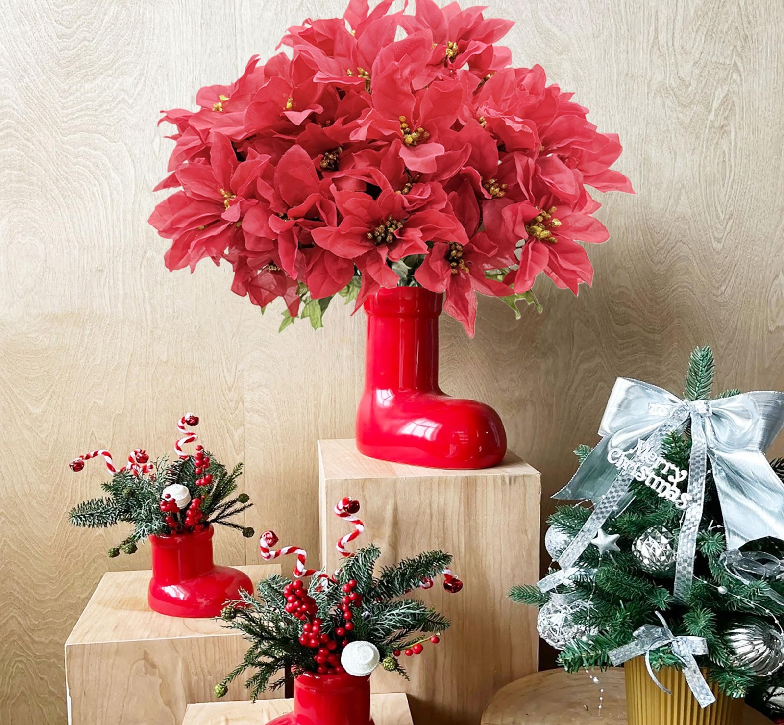 8 PCS Christmas Artificial Flower Red Poinsettia 7 Head Silk Floral Bouquet