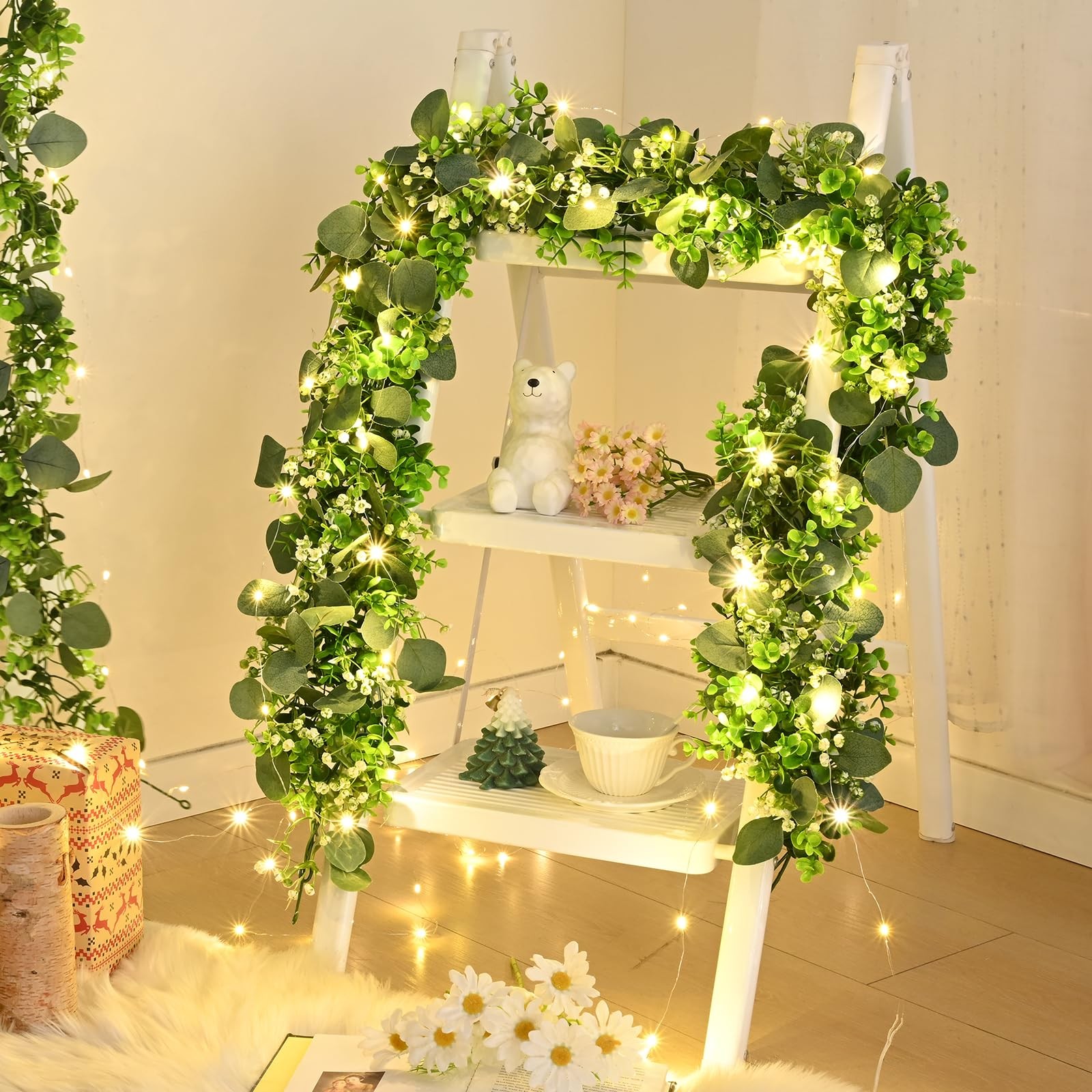 4Pcs Eucalyptus Garland with Lights, Greenery Garland, Green Garland with Flo…