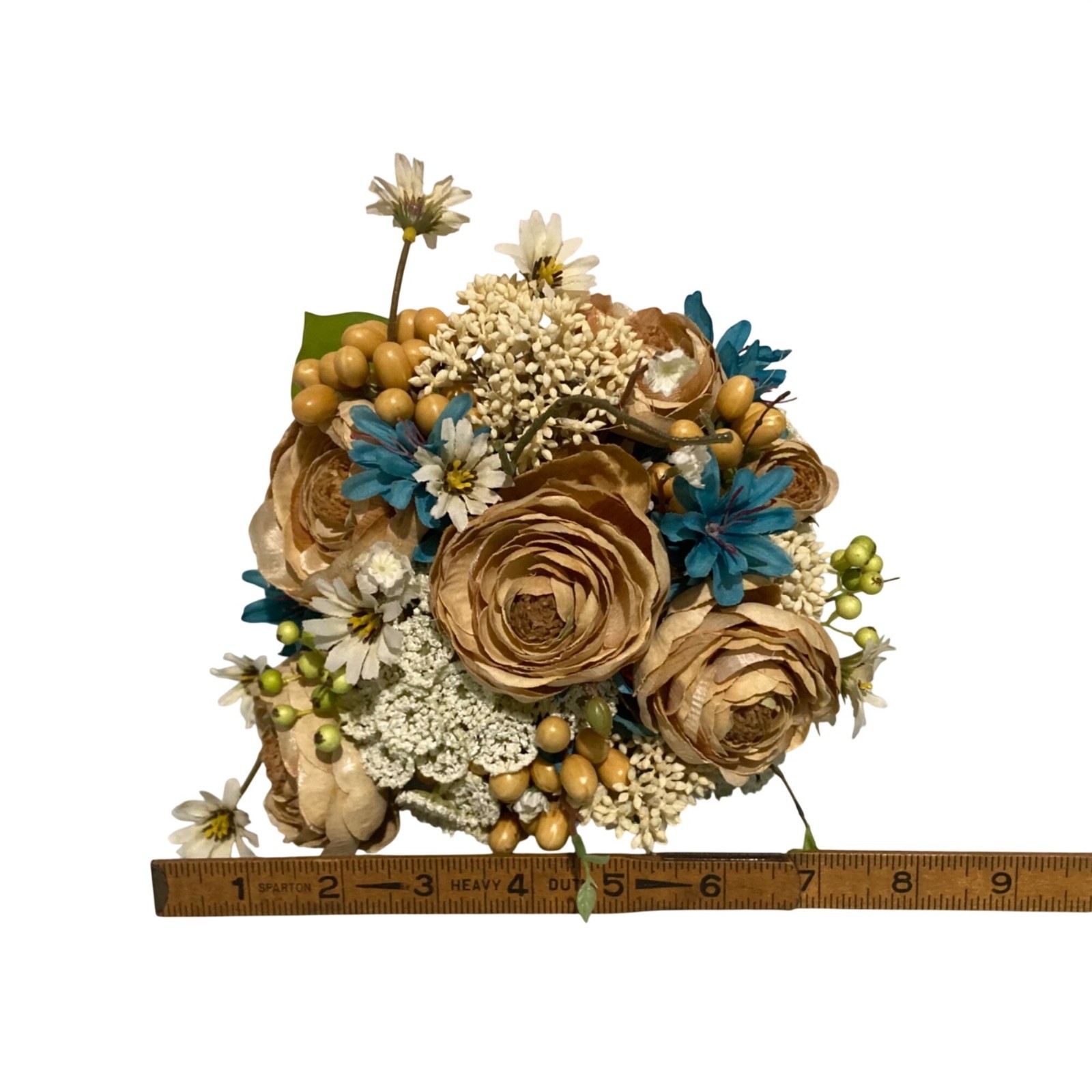Bridal Flower Bouquet Beige & Blue Blossoms Berry Accents Wedding Or Home Decor