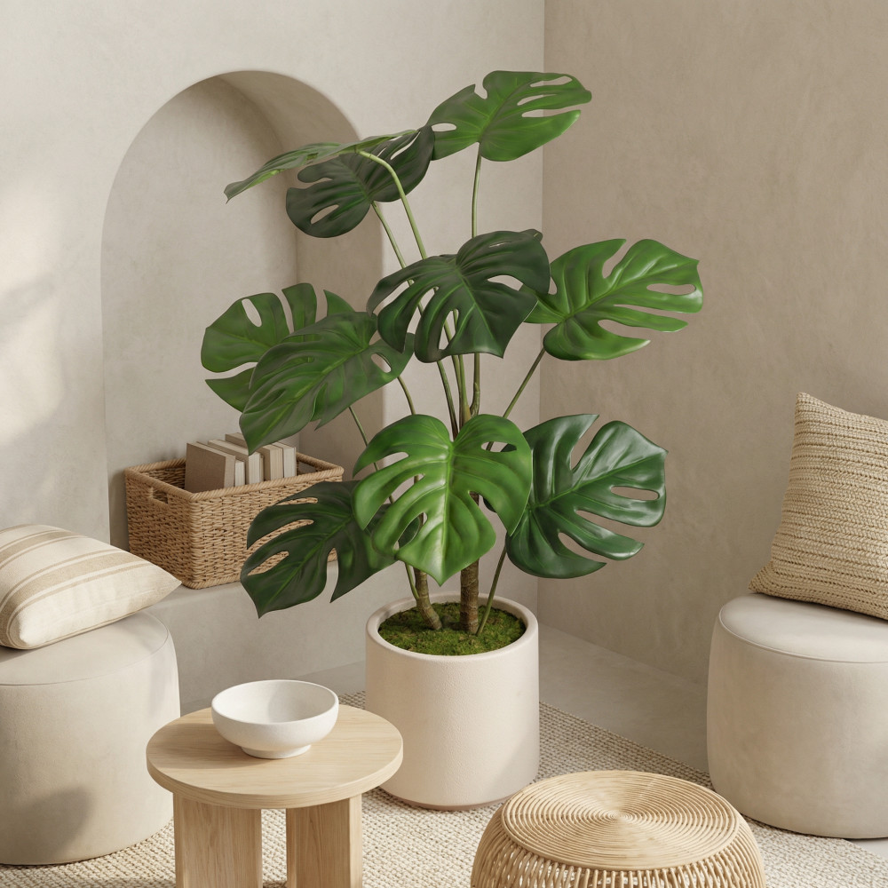 30” Artificial Tropical Alocasia Leaf Plant With White Pot 2pc/set