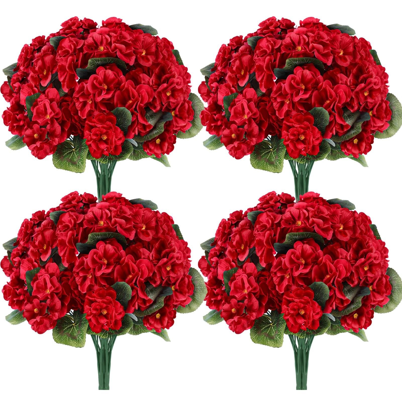 6 Pack Red Artificial Geraniums Flowers for Outdoors Uv Resistant Faux Flowers F