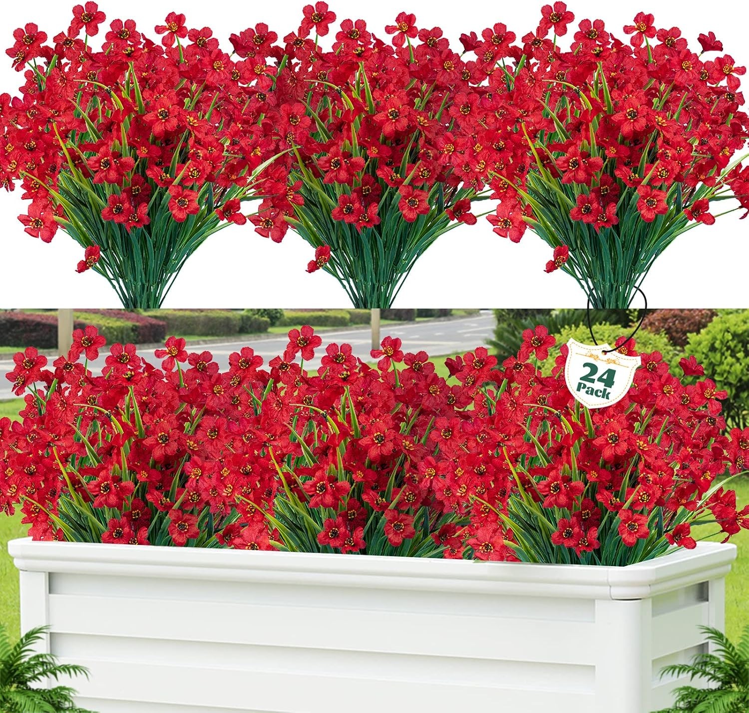 24 Pcs Artificial Flowers UV Resistant, Faux Plastic Shrubs Outdoor Decor