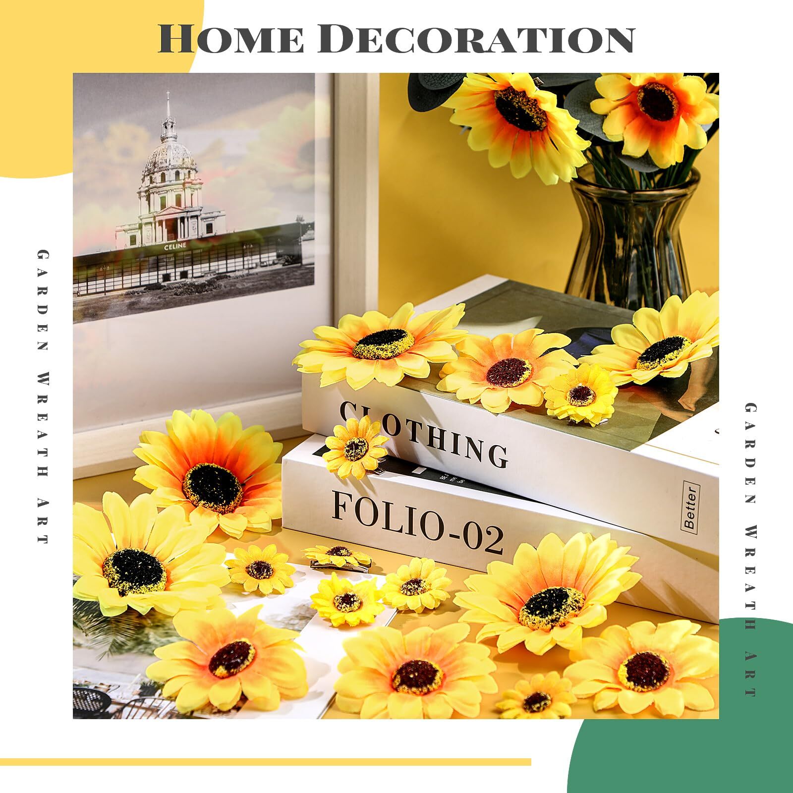 50PCS Clip-On Artificial Sunflowers Faux Silk Yellow Flowers for DIY Crafts