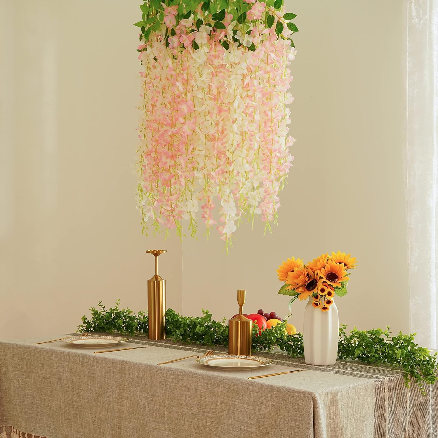 36Pcs White & Pink Fake Wisteria Hanging Flowers, 3.6Ft/Pcs Artificial Wisteria