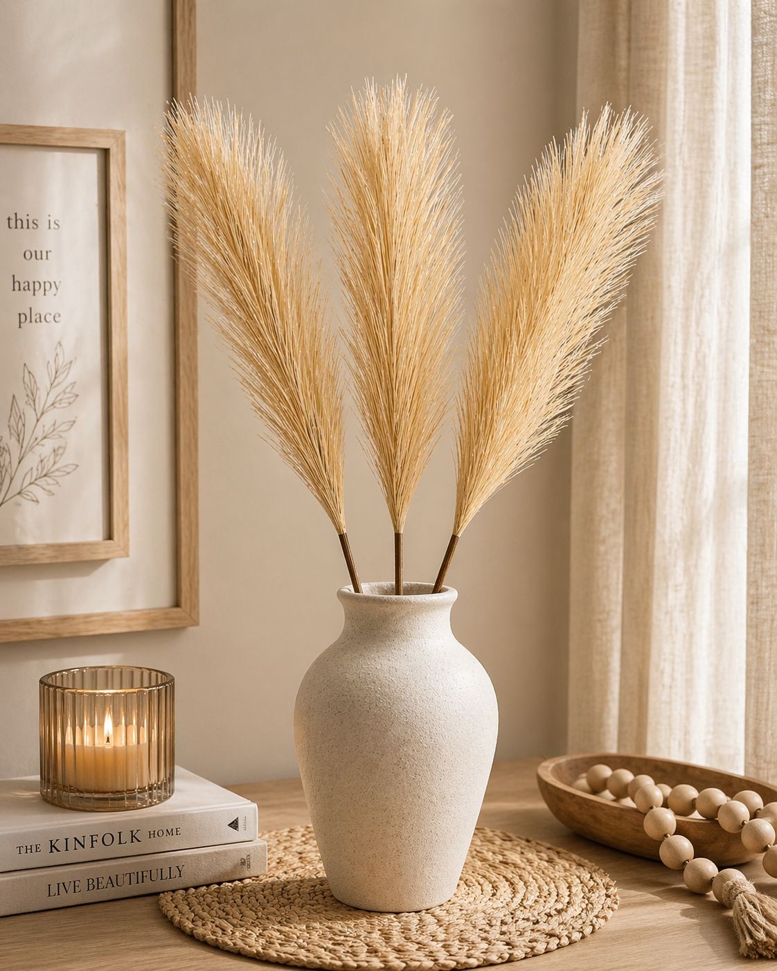 Wheat Beige Pampas Grass 3 Stem Faux Pampas Golden Beige Boho Decor Neutral Vase
