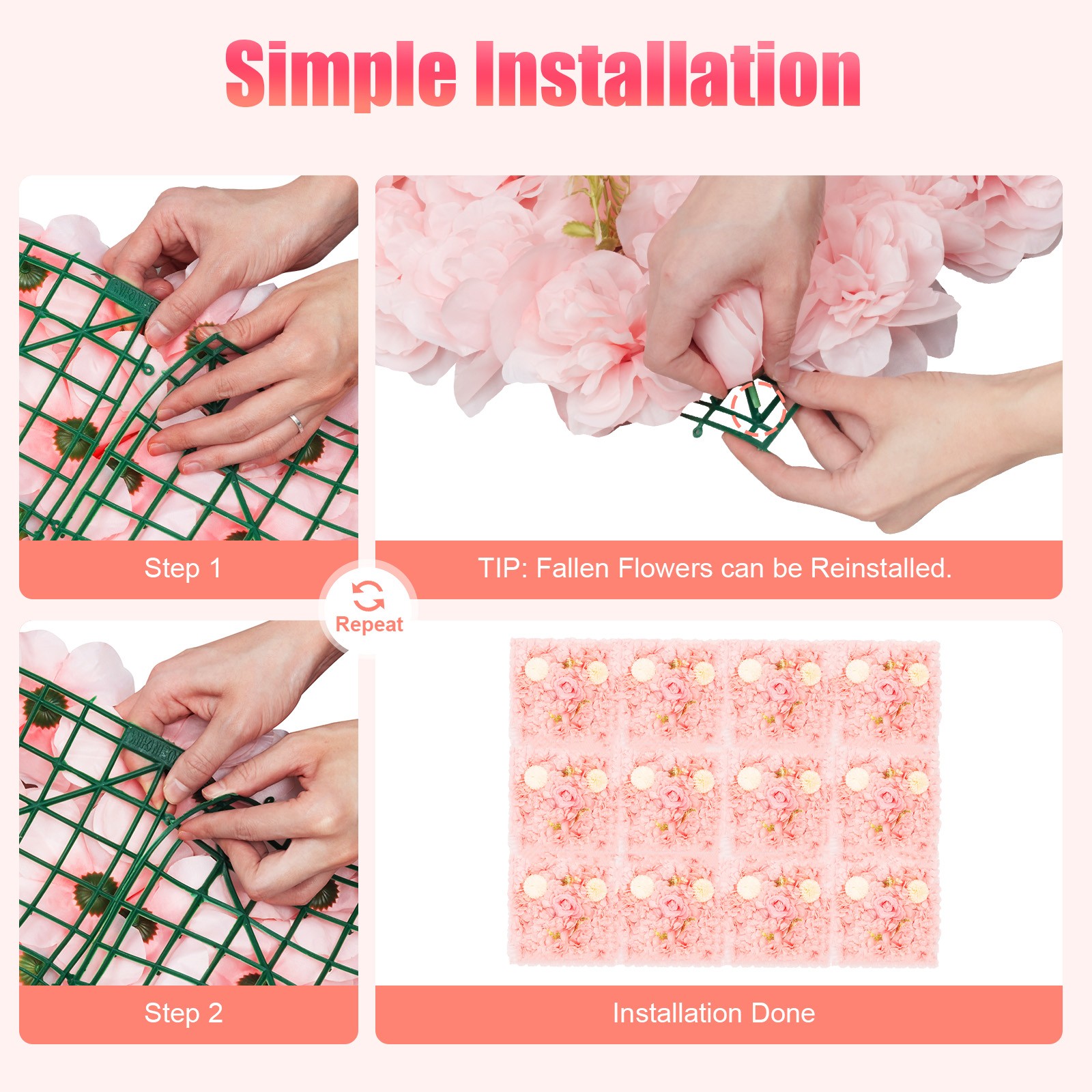 3D 12Pcs Flower Wall Panel-Artificial Flower Wall Background Silk Rose Mat