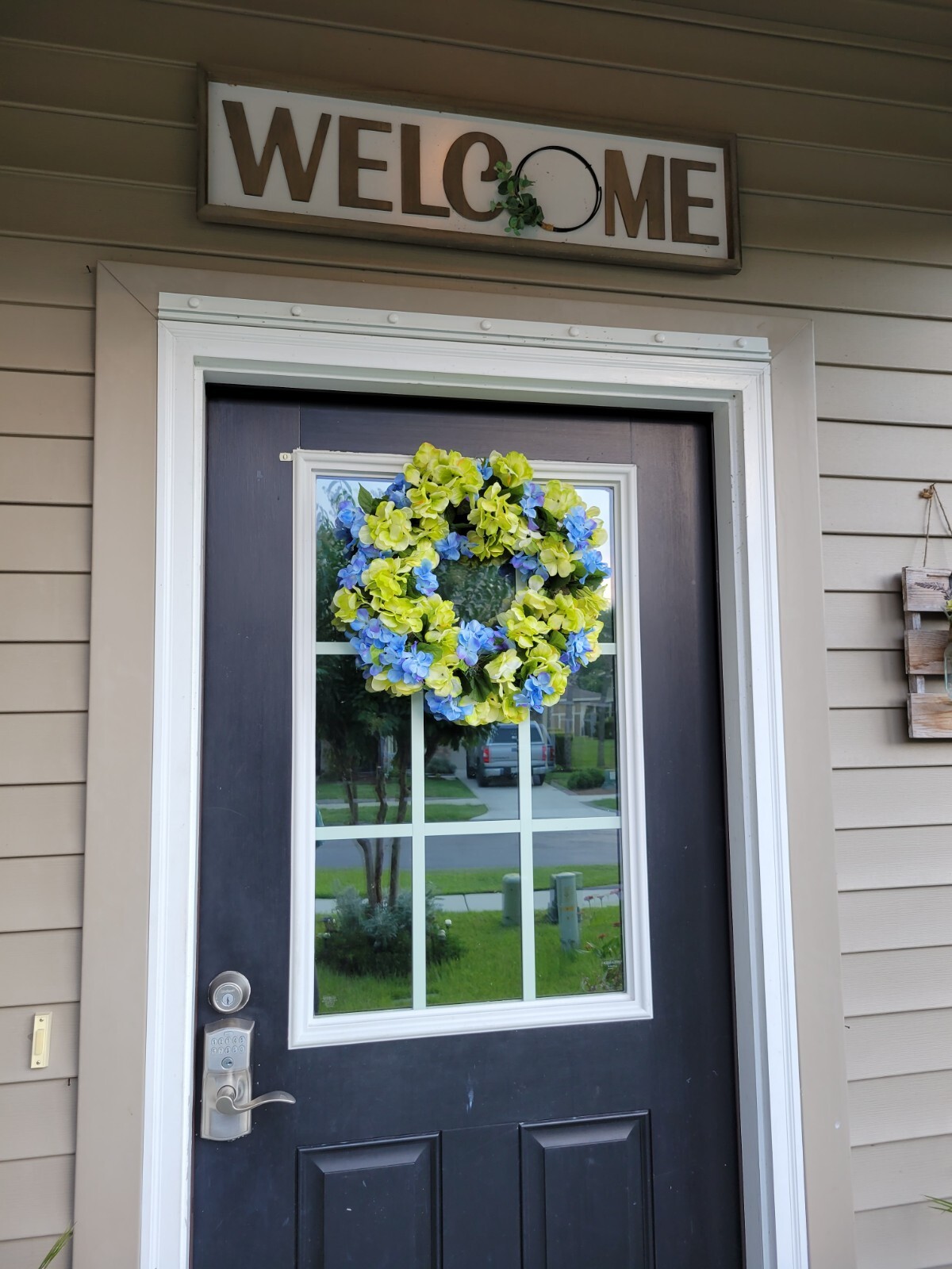 FLORAL one of a kind WREATH flowers Decor Front Door 16″ blue green Hydrangeas