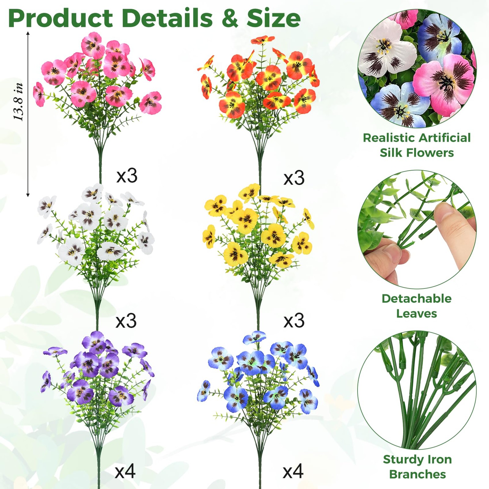 20 Bundles Artificial Pansy Flowers for Outdoors, Fake Silk Flowers