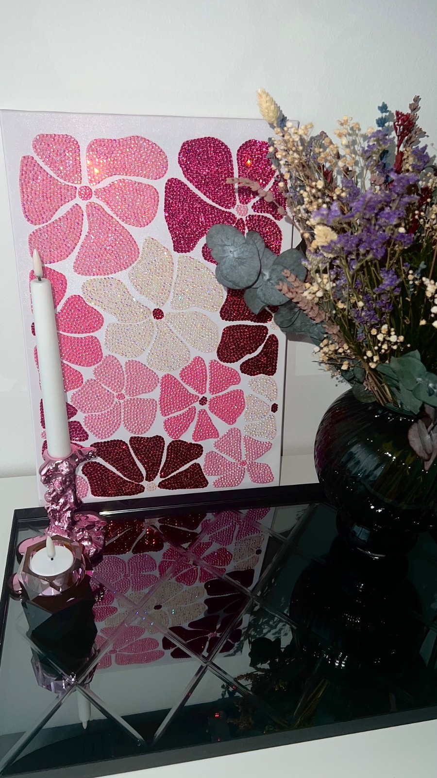 Handmade Bling Flower Wall Art Pink Rhinestone Canvas Luxury Decor 12×18”