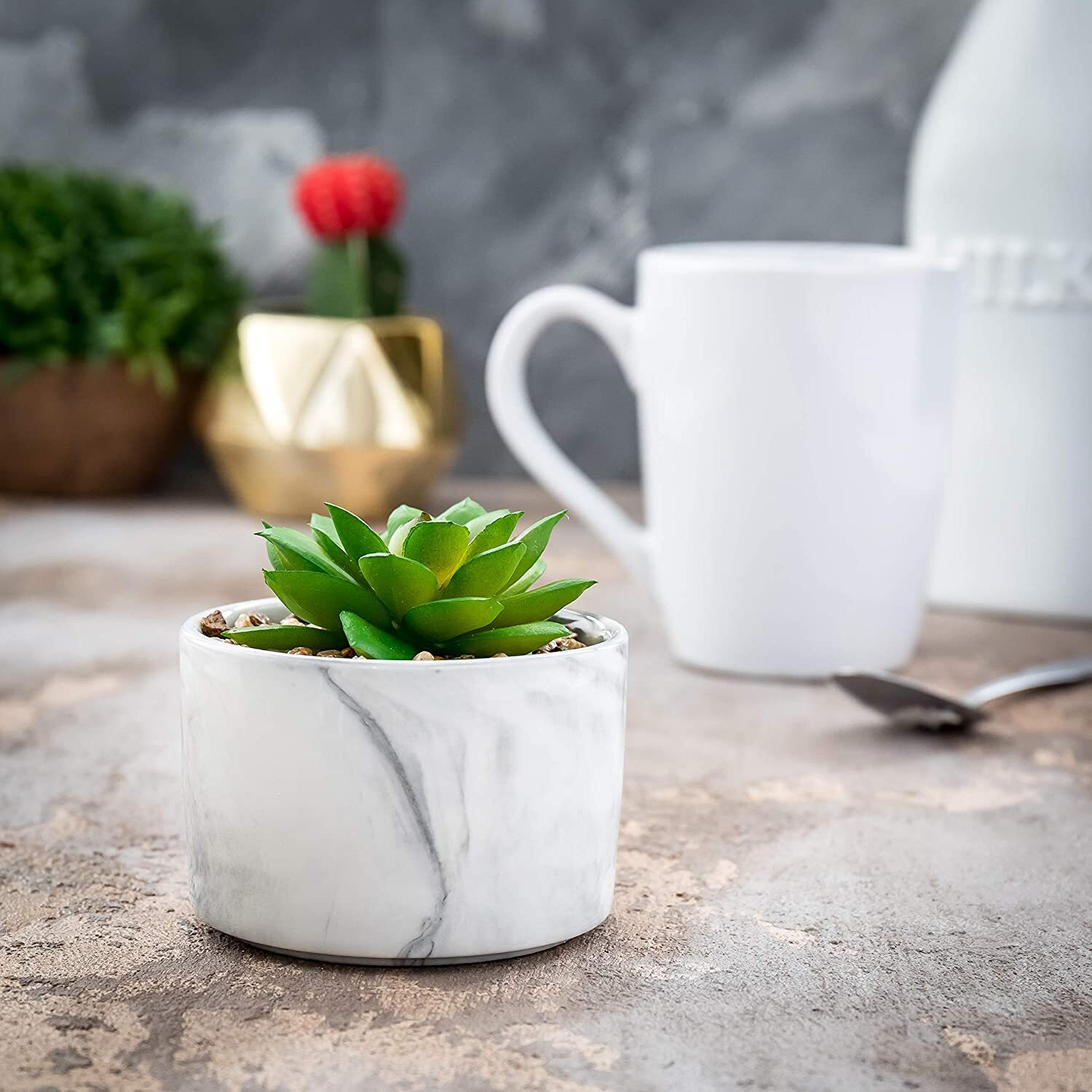 Succulent Plant In Porcelain Glossy Marble Vase Artificial Plant Pre-Filled Faux
