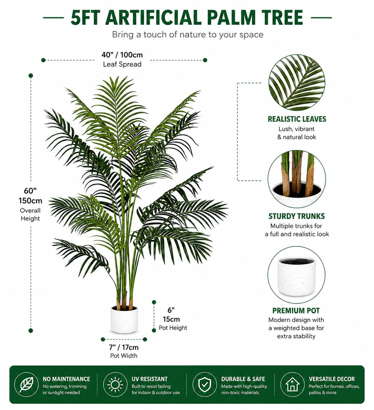 5ft Artificial Palm Tree – Realistic Fake Palm Tree Decor for Indoor & Outdoo…