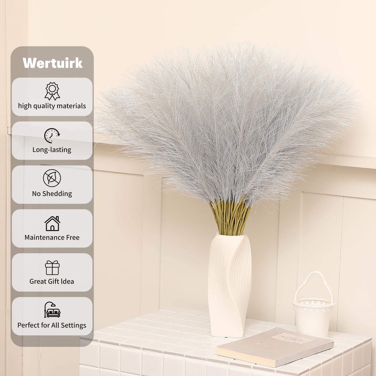 Faux Silver Pampas Grass 30 PCS 24 Inch Short Artificial Decor Fake Floral Vase
