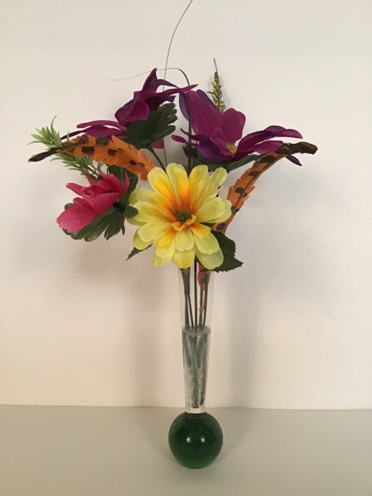 Vintage Green Solid Ball Vase Purple Yellow Flower Arrangement in Faux Water