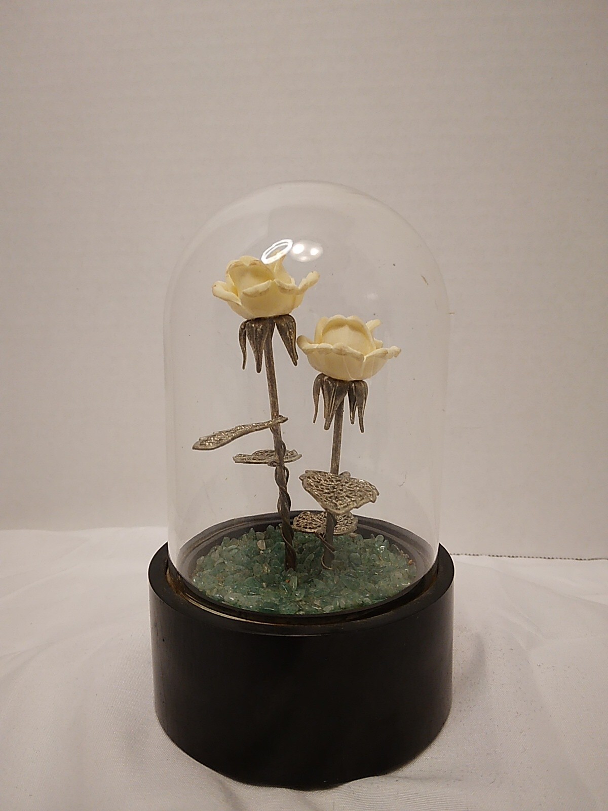 Glass Dome Display With Porcelain Roses On Silver Stems Wood Base NEEDS CLEANING