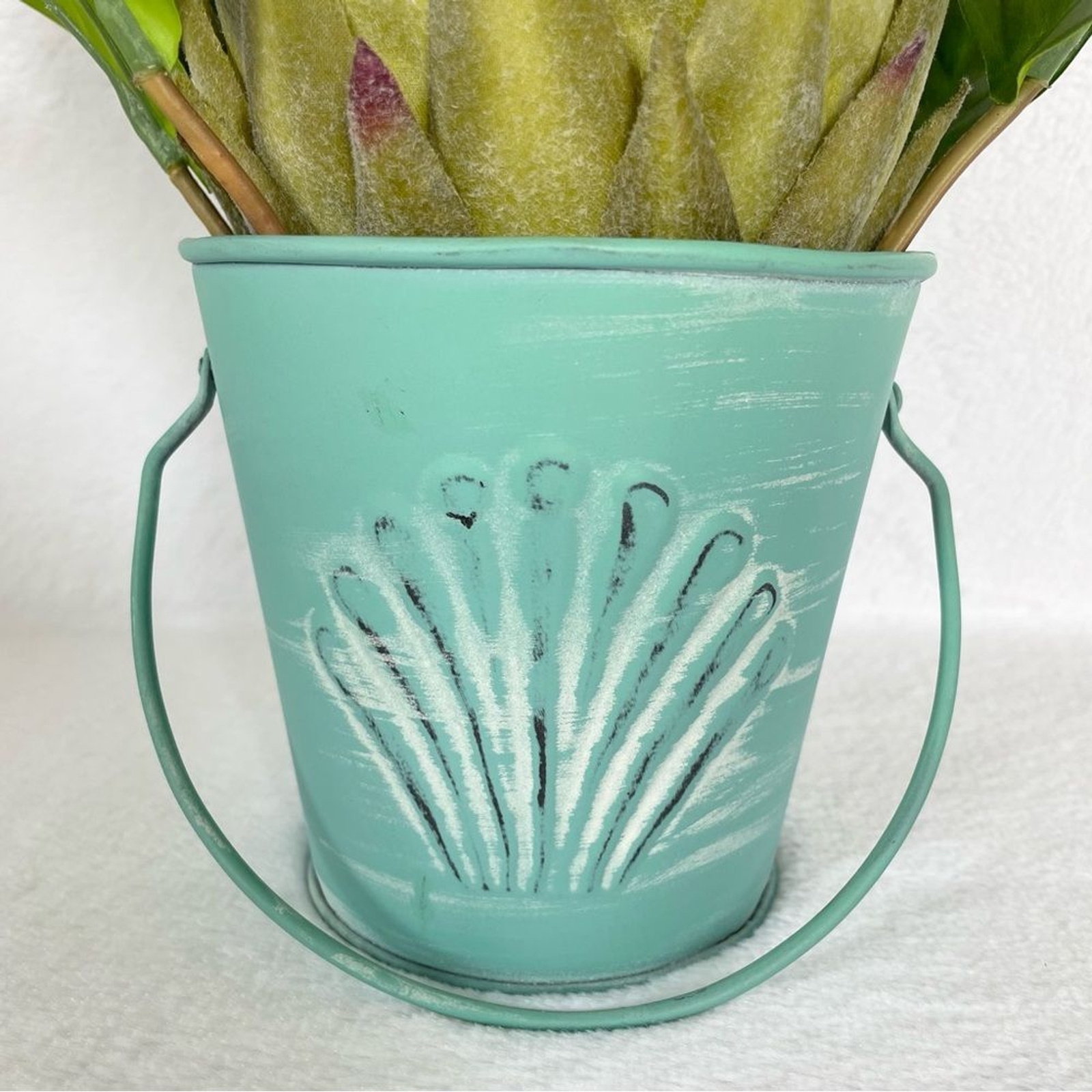 Handmade Artificial Protea in Seashell Bucket Floral Arrangement Beach Decor