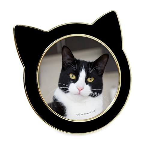 Round Enamel Cat Picture Frame w/Ears – Tabletop, Home & 4×4 Black with Gold