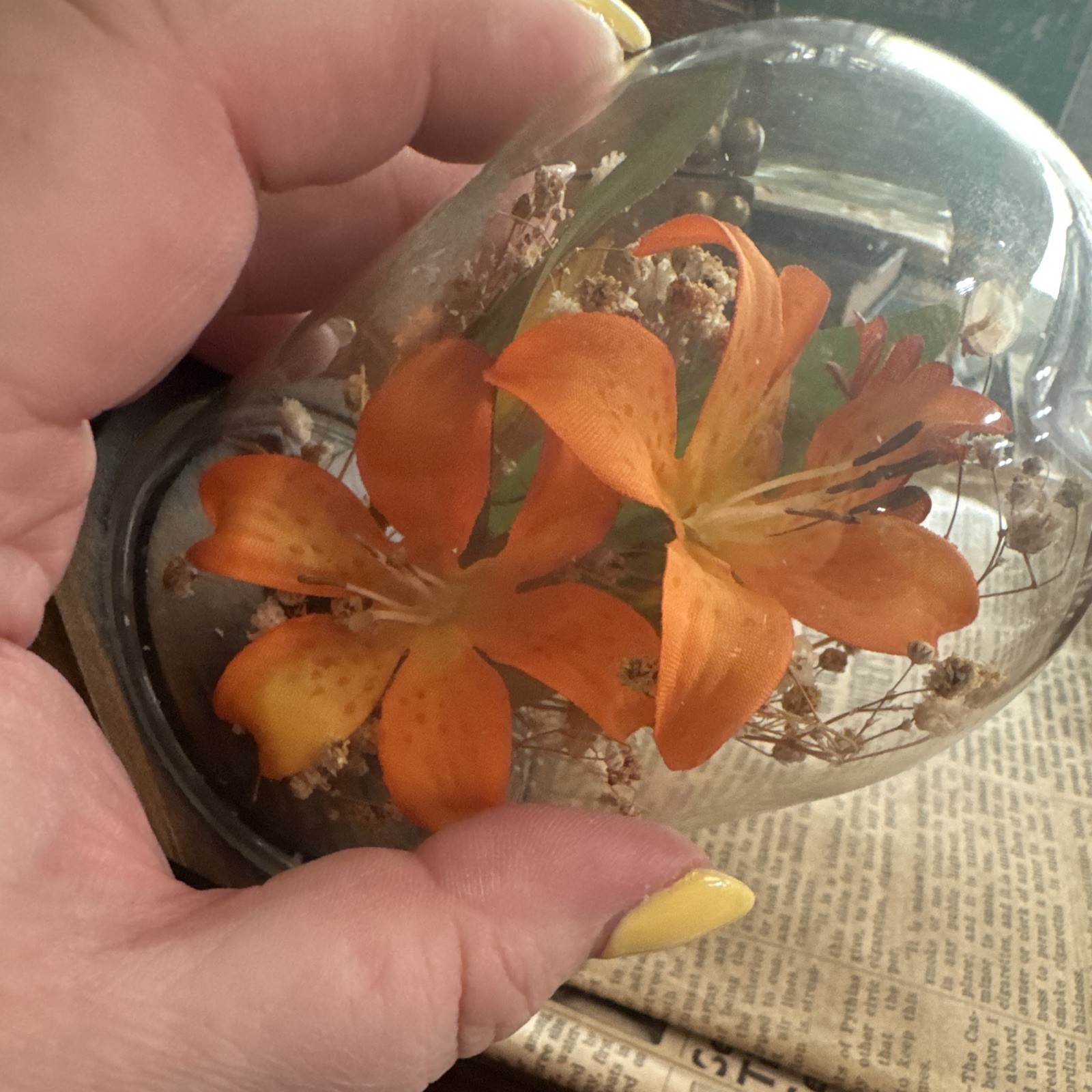 Vintage Floral Orange Lily Arrangement in Glass Cloche on Wood Base mcm whimsy