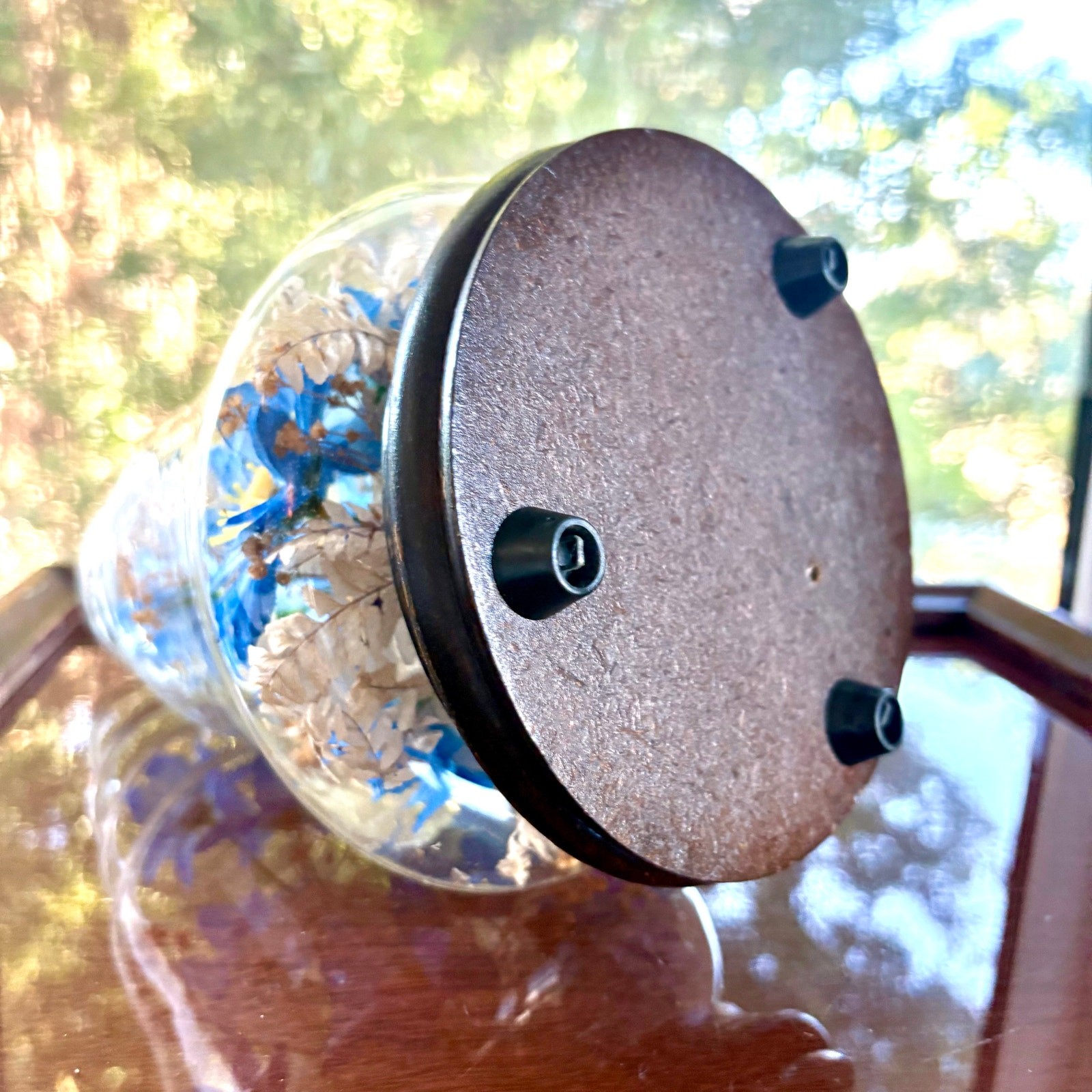Vintage Glass Bell Jar Dome with Blue Floral Arrangement on Wood Base