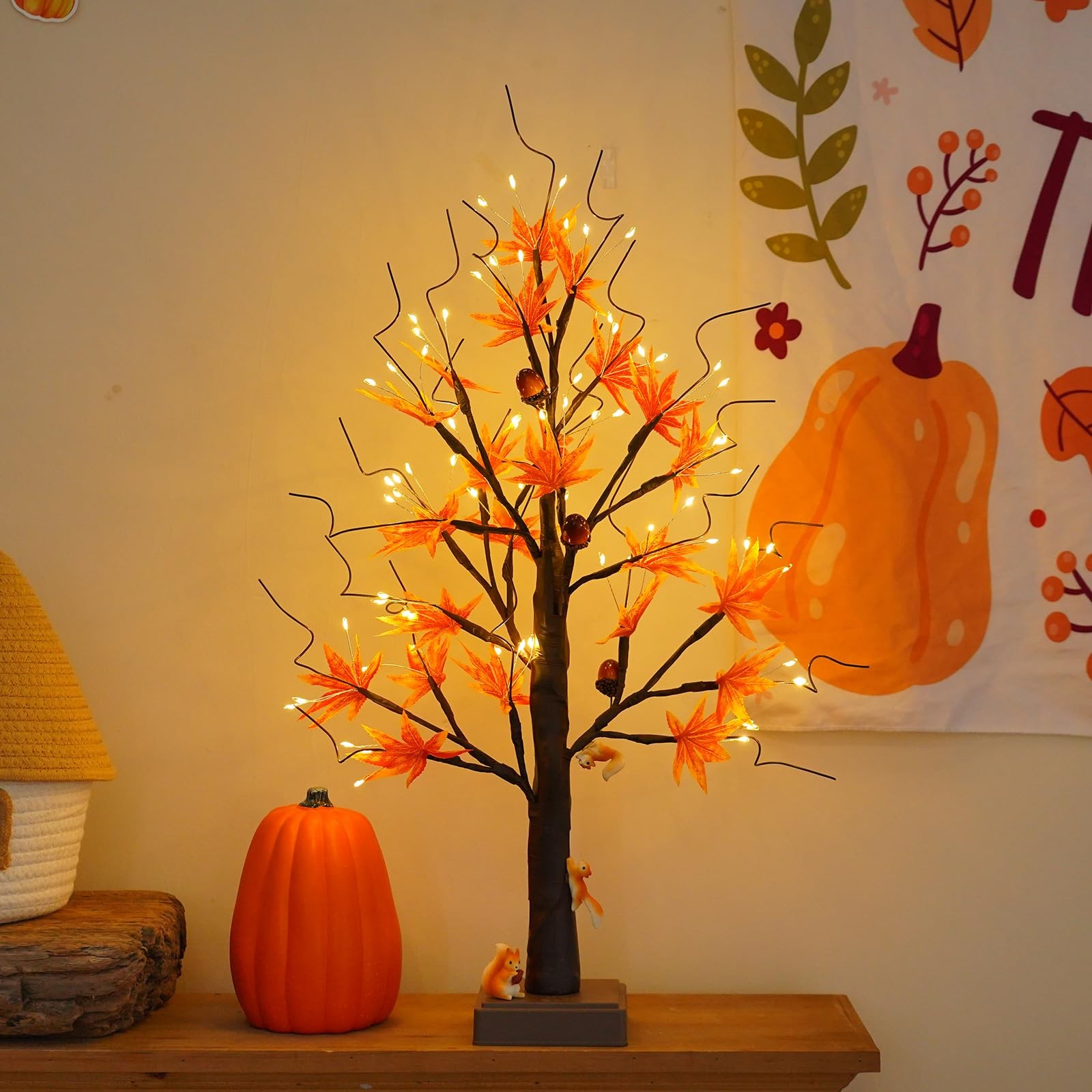 24” 72 LED Fall Decorations for Home, Birch Tree Lighted Fall Maple Leaves Ar…