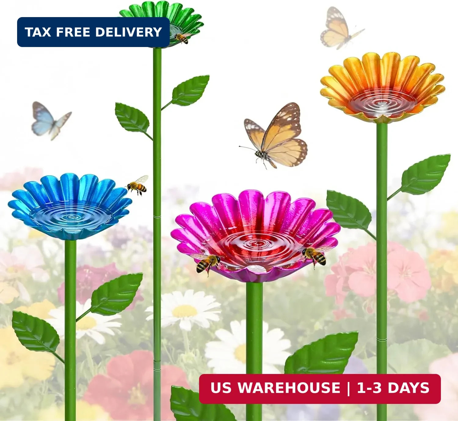 Mellbree Bee Watering Station, 4-Pack Metal Flower Bee Bath for Garden – Attract