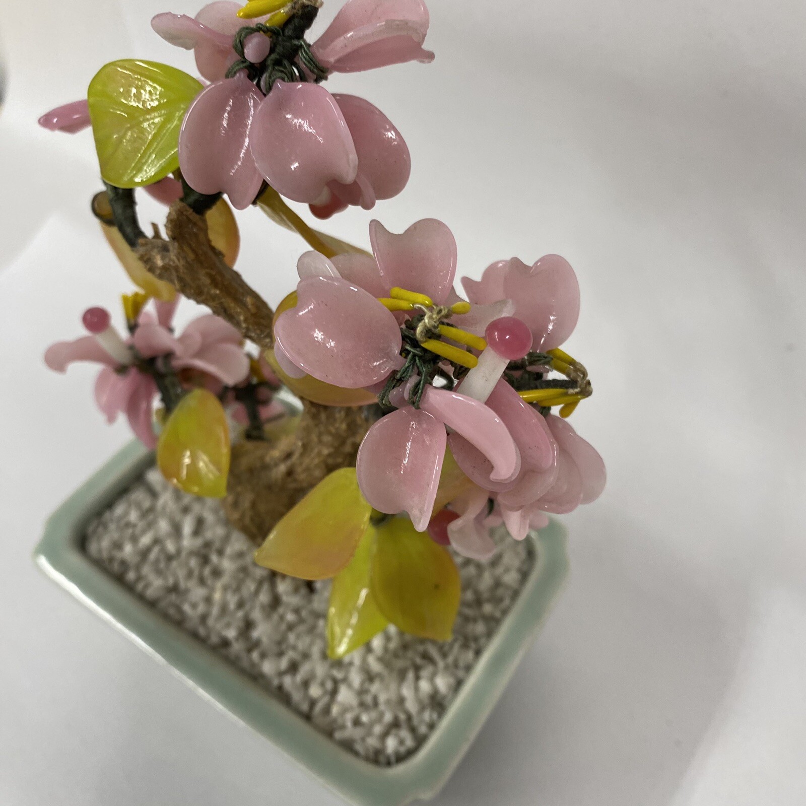 Glass Bonsai Tree Pink Flowers Artificial Plant Oriental Home Decor Vtg
