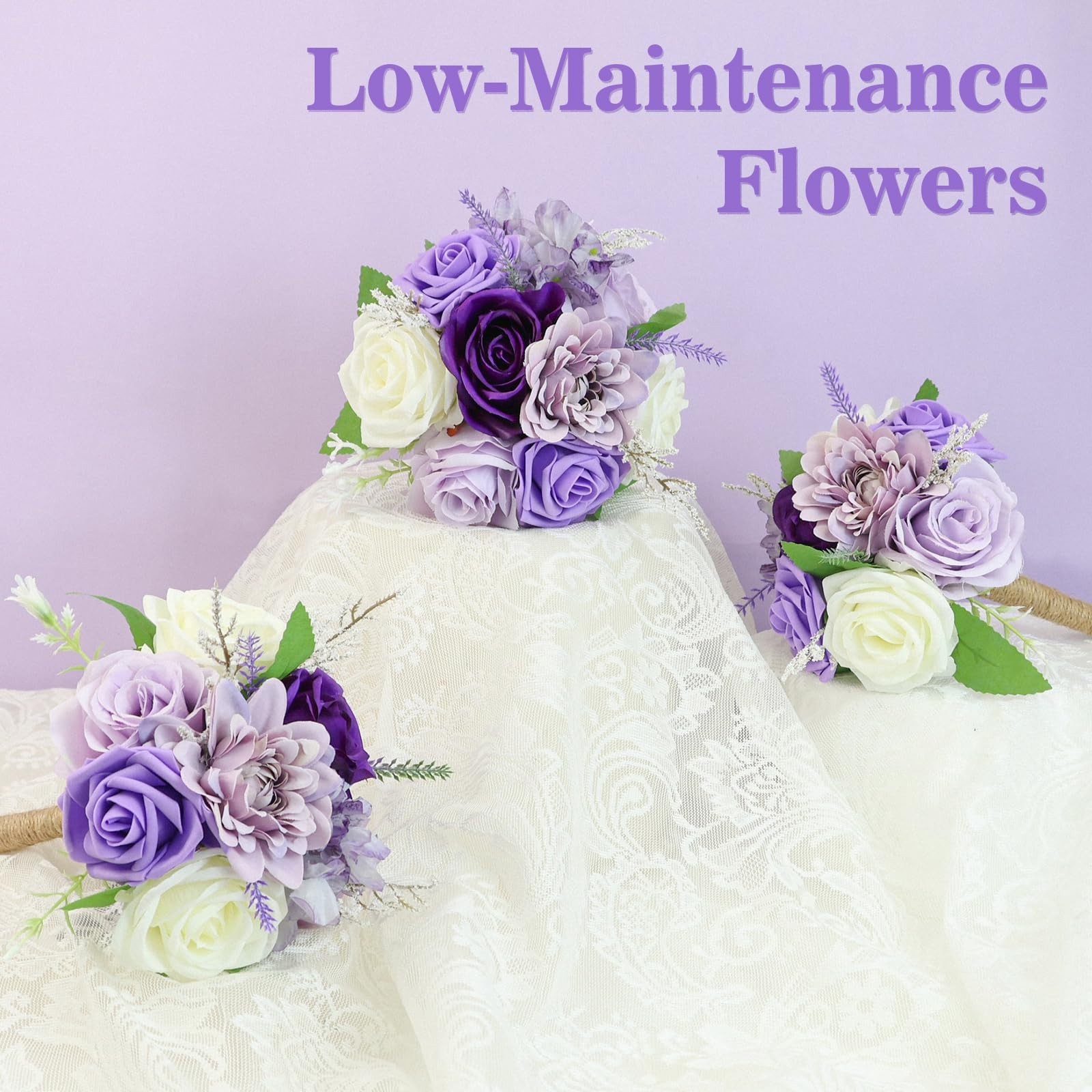 EMONONIA Artificial Bridesmaid Bouquets Set of 2 for Wedding – 7 inch Purple …