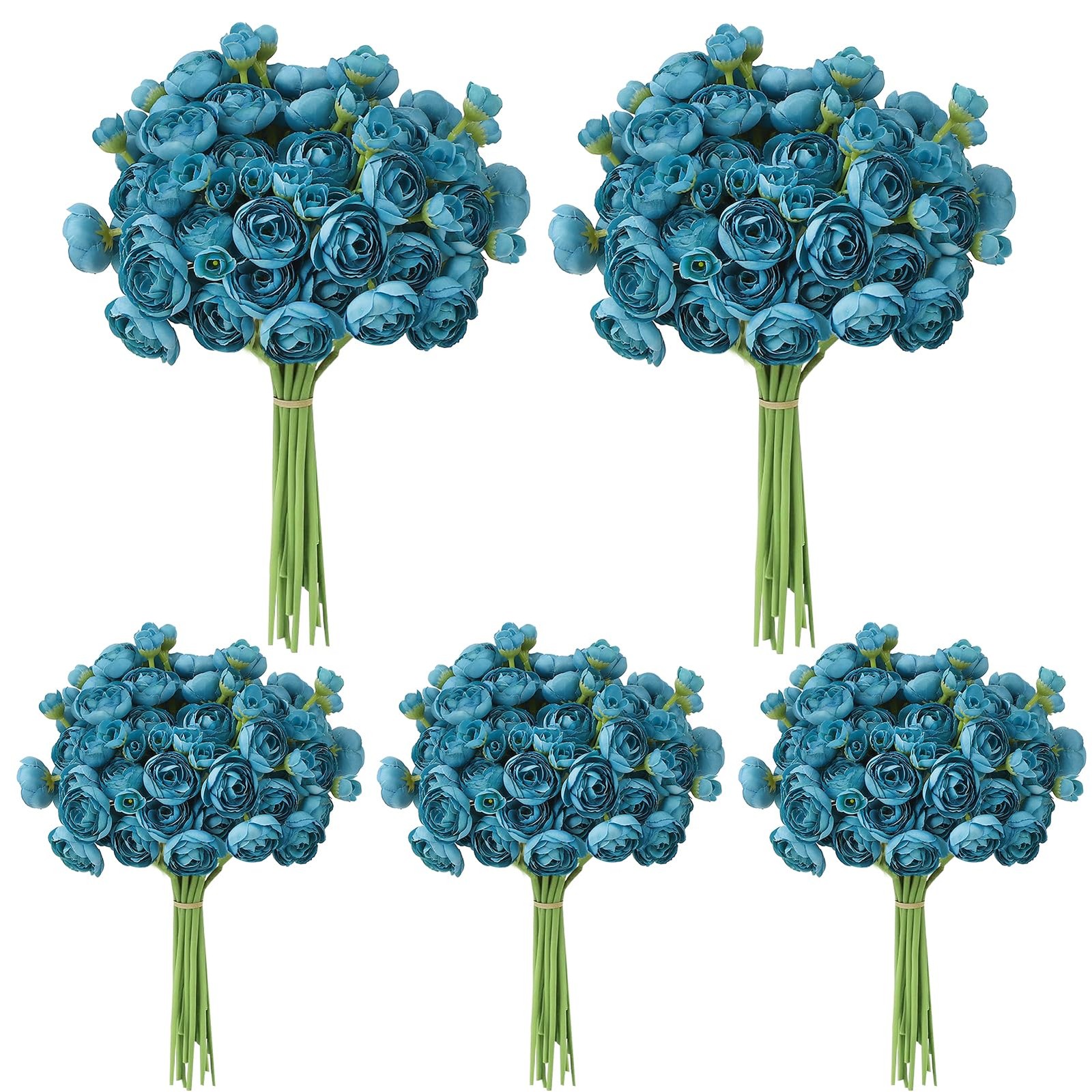 30 PCS 5 Bouquets Teal Ranunculus Artificial Flowers Silk Faux Centerpiece