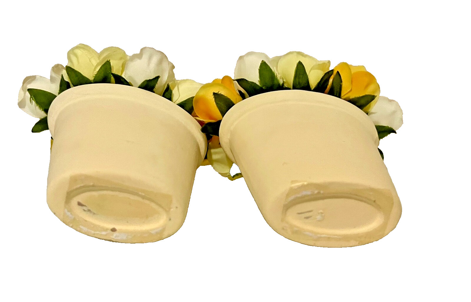 Set of 2 Silk Yellow Faux Rose Miniature Clay Pots Home Accessory Decor Gifts