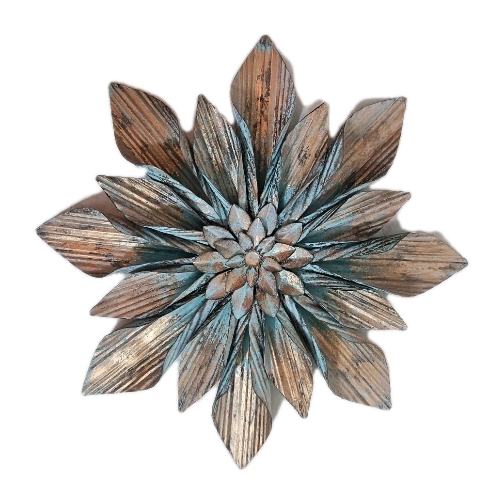 Metal 2 Pc 16″ Hanging Flowers with Rust/Gold/Teal Accents, Quality Textured