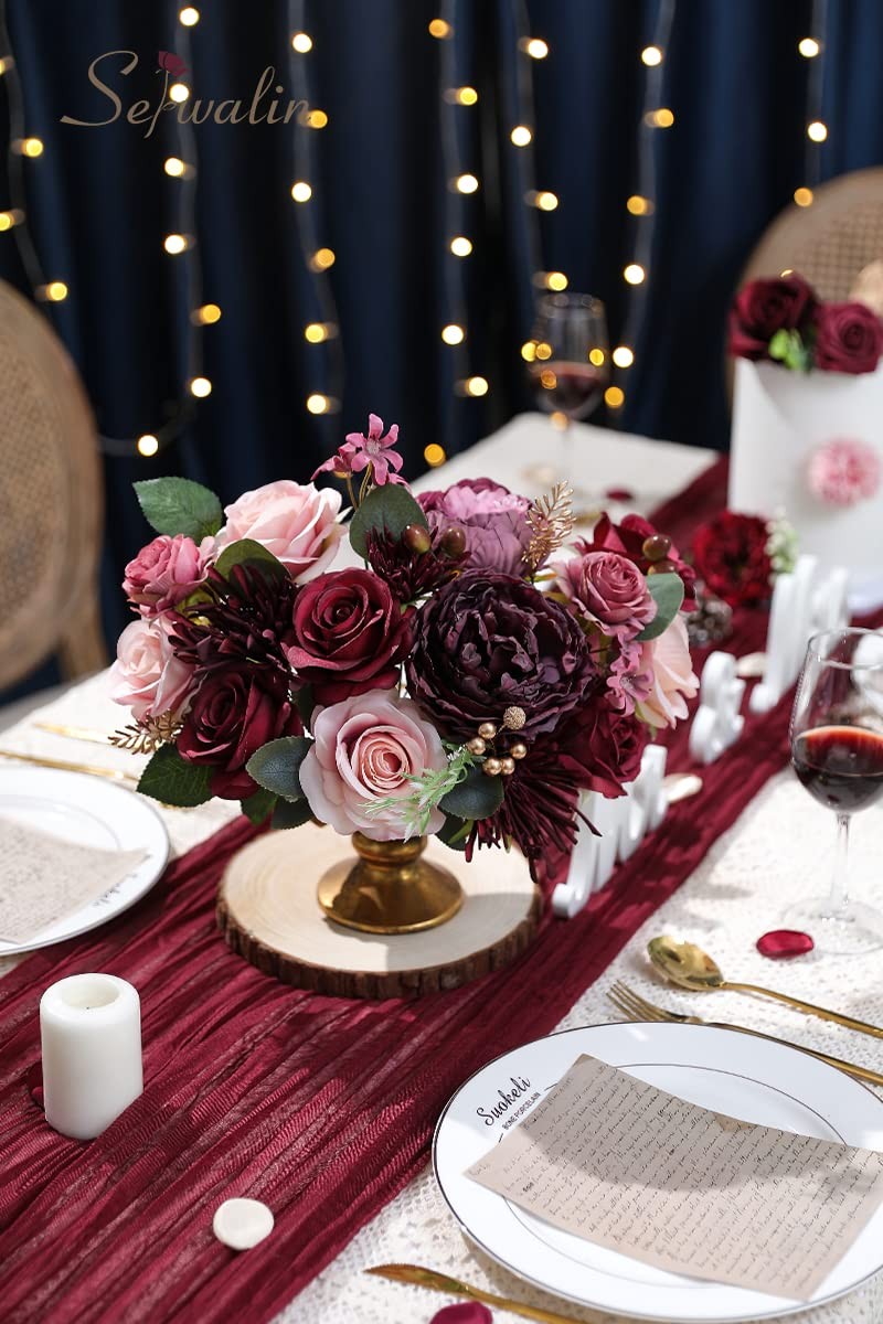 Burgundy, Pink Artificial Flowers, Fake Rose Silk, Wedding Bouquets, Center