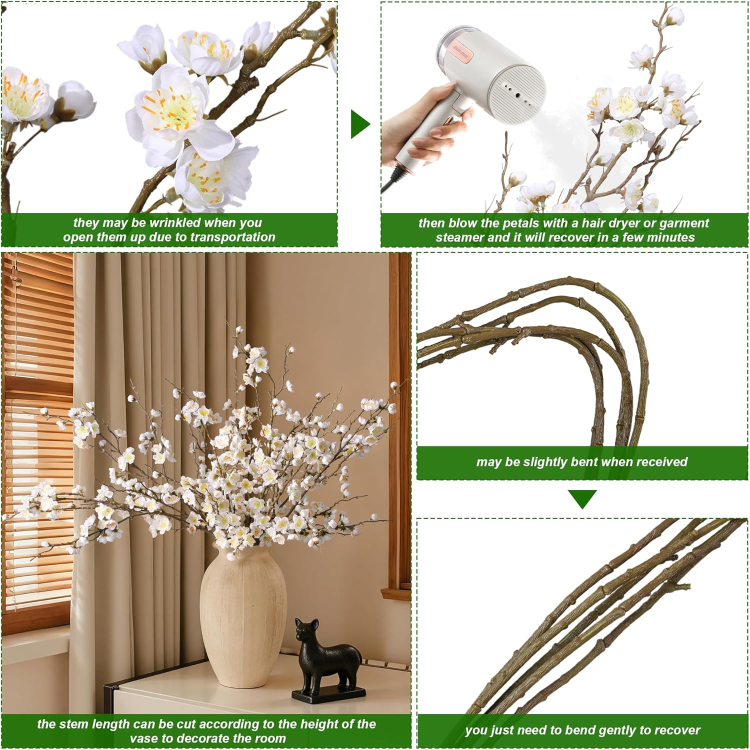 6 PCS Artificial Cherry Blossom Branches Spring Indoor Decoration, Faux Flowers