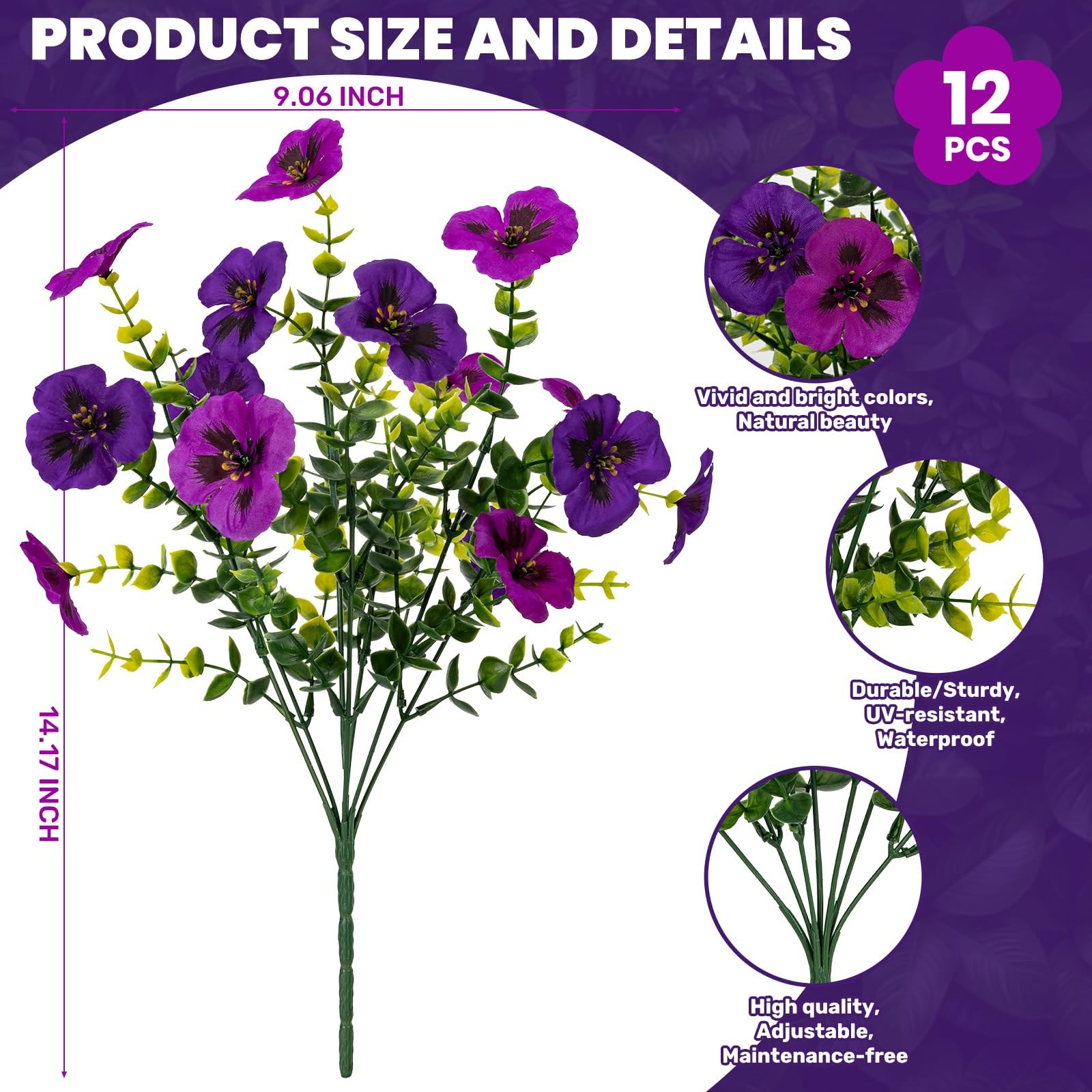 12 Piece Outdoor Artificial Flowers Fake Pansies -Two-Tone Faux Flowers per Stem