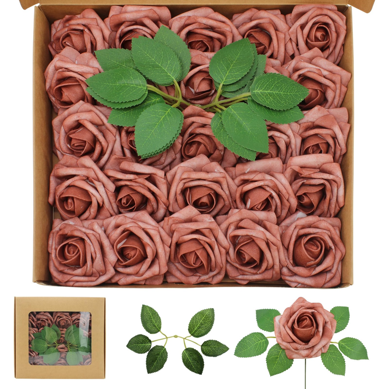 50PCS Warm Taupe Artificial Roses, Real Looking Foam Flowers, Leaves, DIY