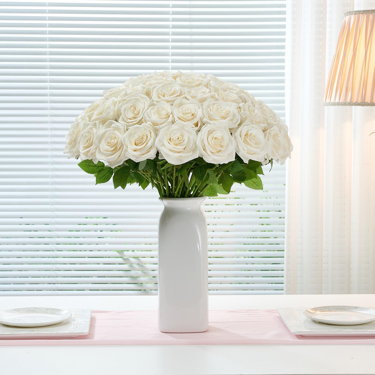 120 Pcs White Rose Artificial Flowers Bulk, Ivory Silk Fake Roses with Long Stem