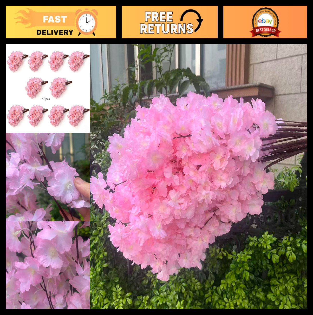 50PCS Silk Cherry Blossom Branches – Realistic Fake Flowers for Weddings, Home D