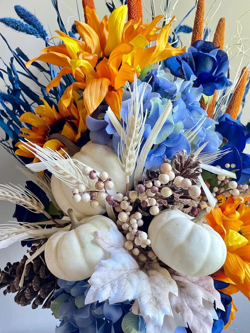 Sunflower Floral Arrangement: Blue Summer & Fall Home Decor, Table Centerpiece