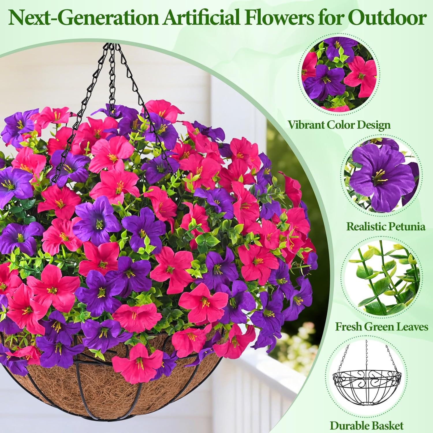 Realistic Artificial Hanging Flowers for Outdoors with Basket, 2 Set Large Size