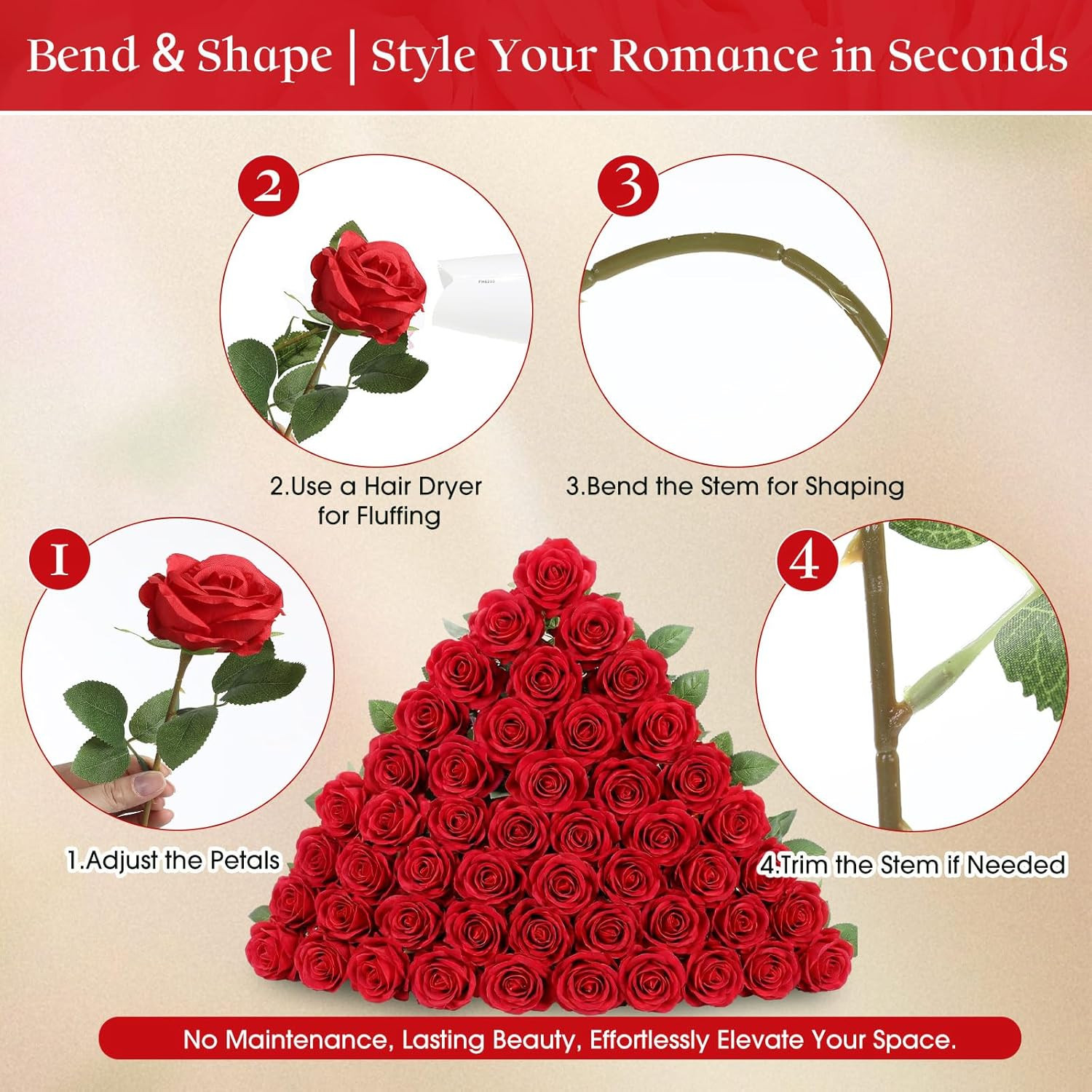 1000 Pcs Red Silk Roses – Realistic Faux Flowers for Weddings & Events