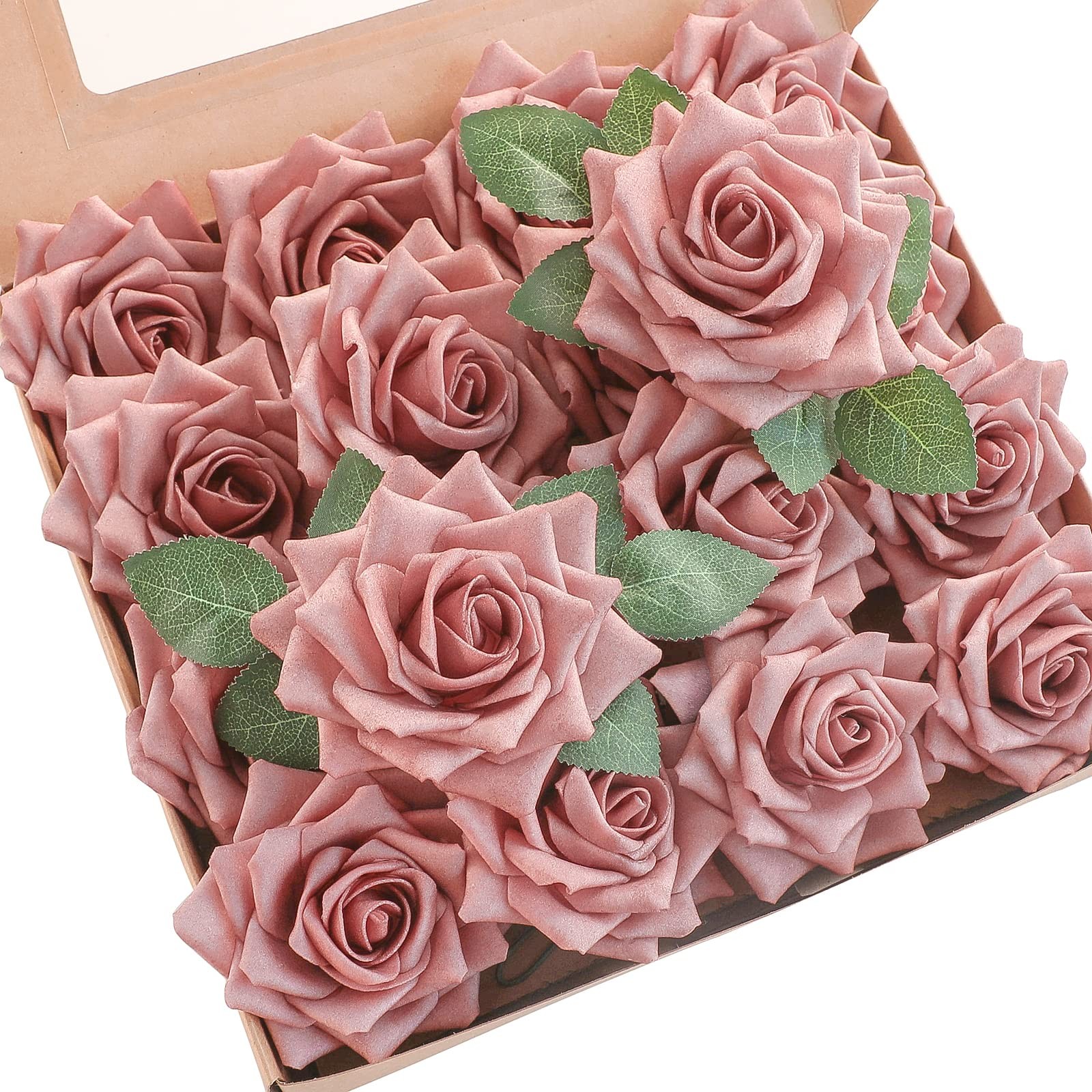 Artificial Flowers 16pcs 3.5″ Real Looking Dusty Rose Foam Fake Hybrid Tea Ro…