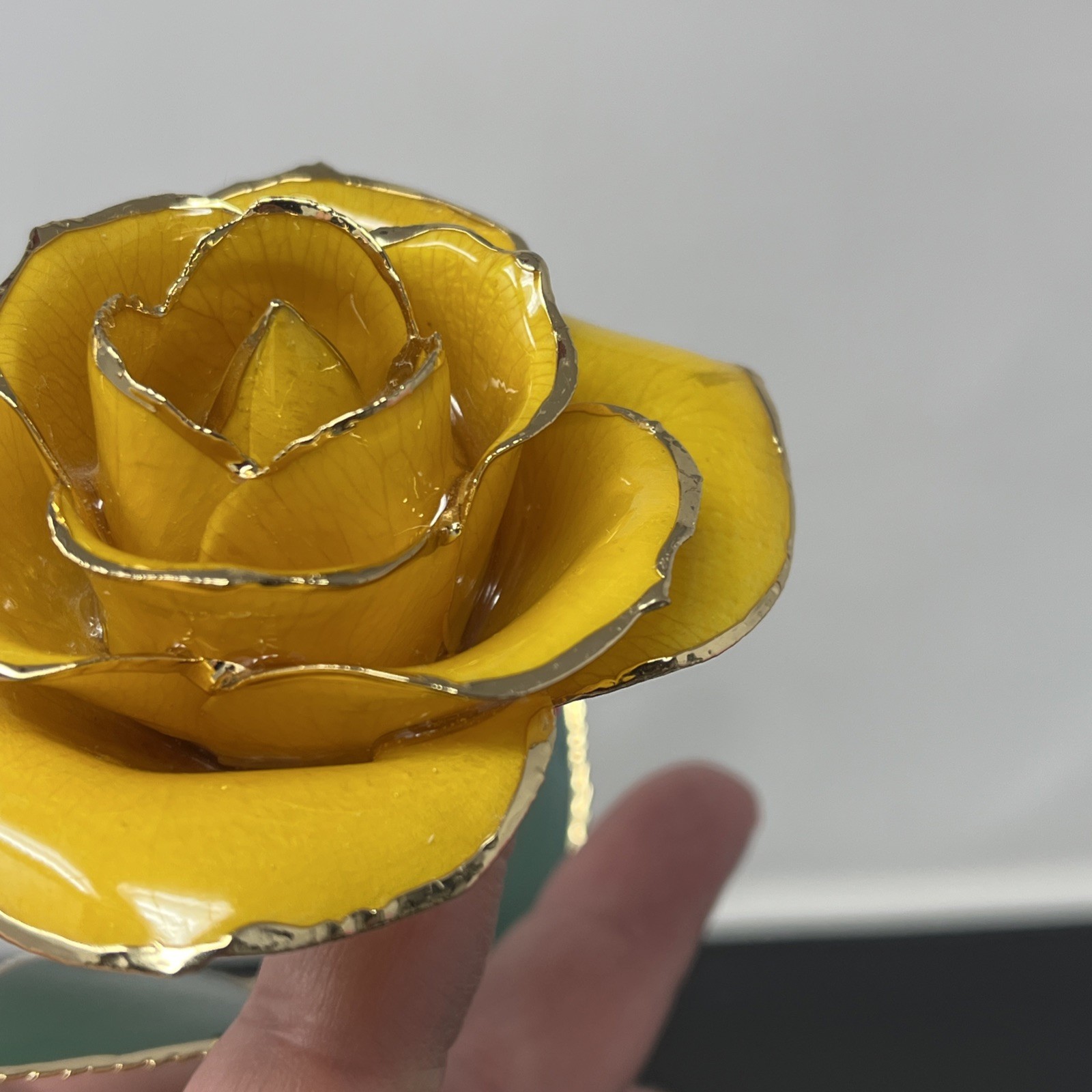 Handcrafted Preserved Yellow Rose Gloss Laquered With 24K Gold Plated Trimmed
