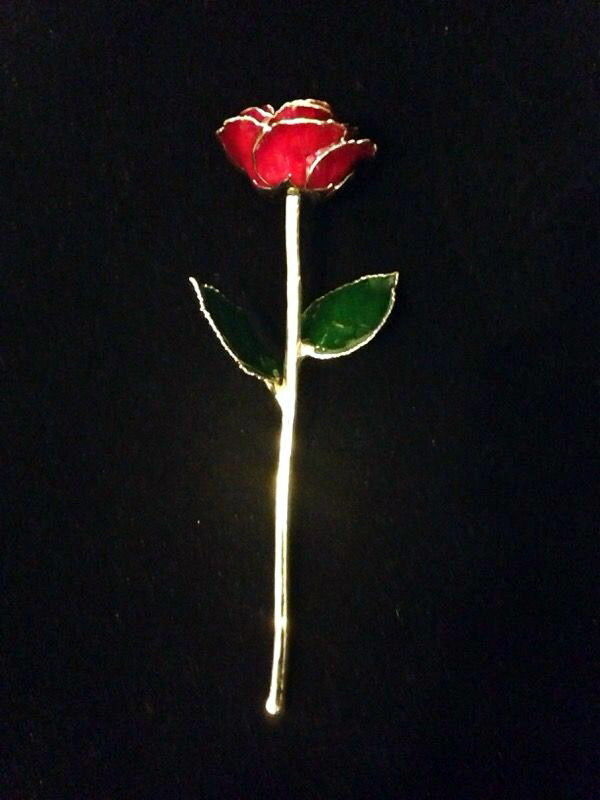 Ceramic Covered Flowers & Leaves 24K Gold Plated Single Stem Rose 10 5/8″ Long