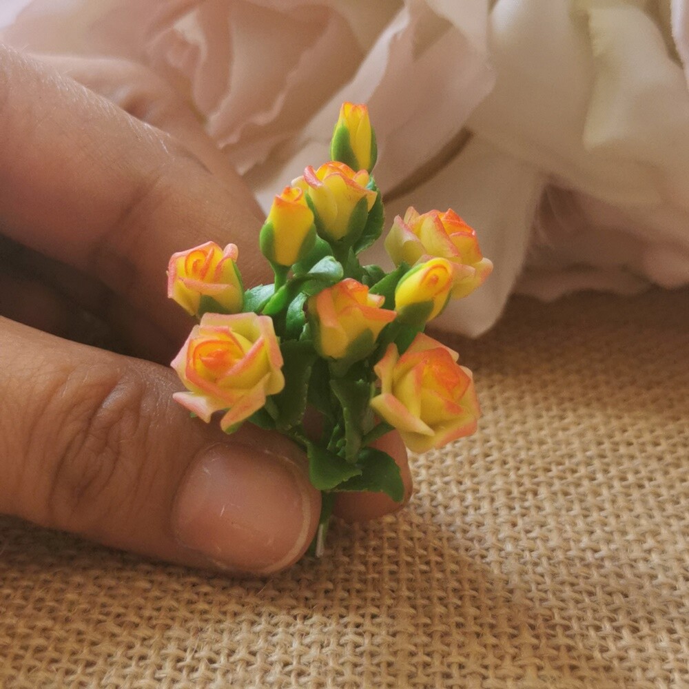 Bloom Yellow Rose Flower Miniature Dollhouse 3 Bunches Artificial Flowers Decor