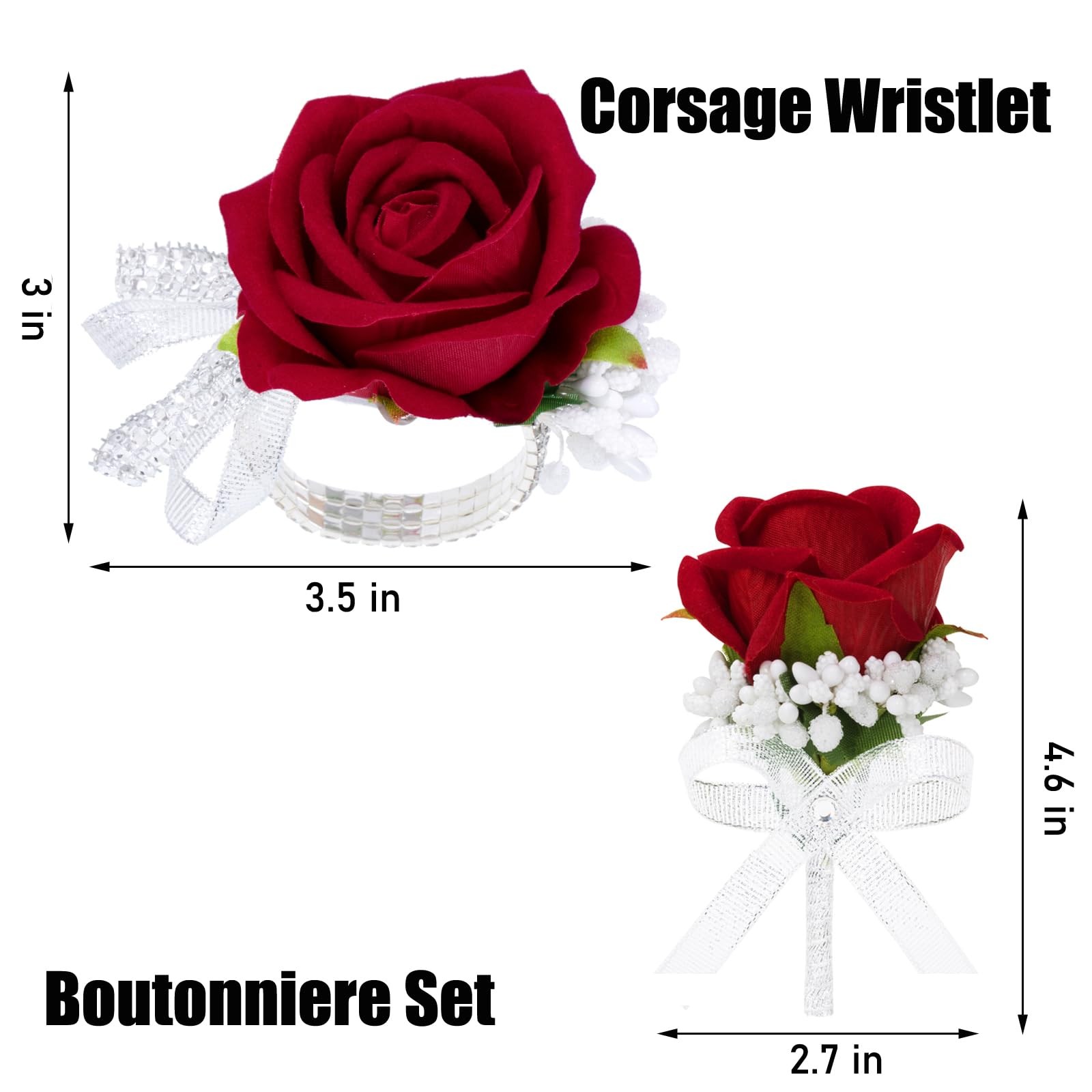 2 PCS Red Artificial Rose Corsage Wristlet Men Boutonniere Set Prom Suit