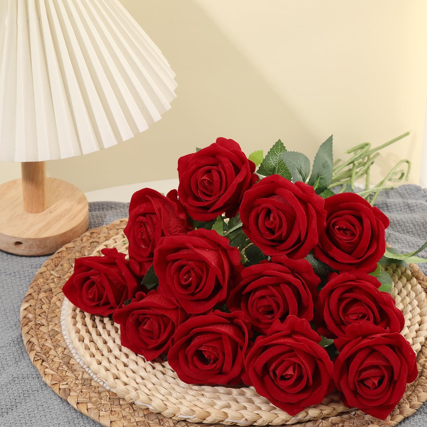 12Pcs Red Roses Artificial Flowers Fake Roses Faux Velvet Silk Flower for Hom…