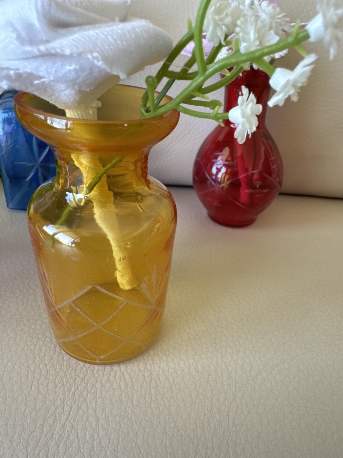 Five Small Upcycled 3 1/2” Vases With Coordinating Colors Handmade Denim Roses