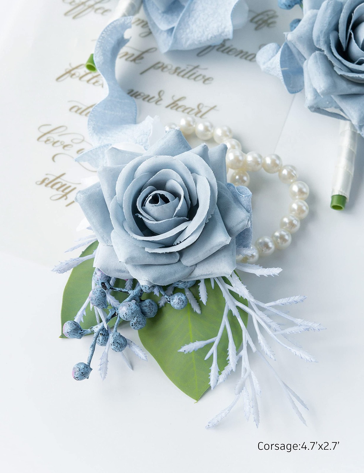2 PCS Wrist Corsage Wristlet And Boutonniere Set Wedding Prom Dusty Blue