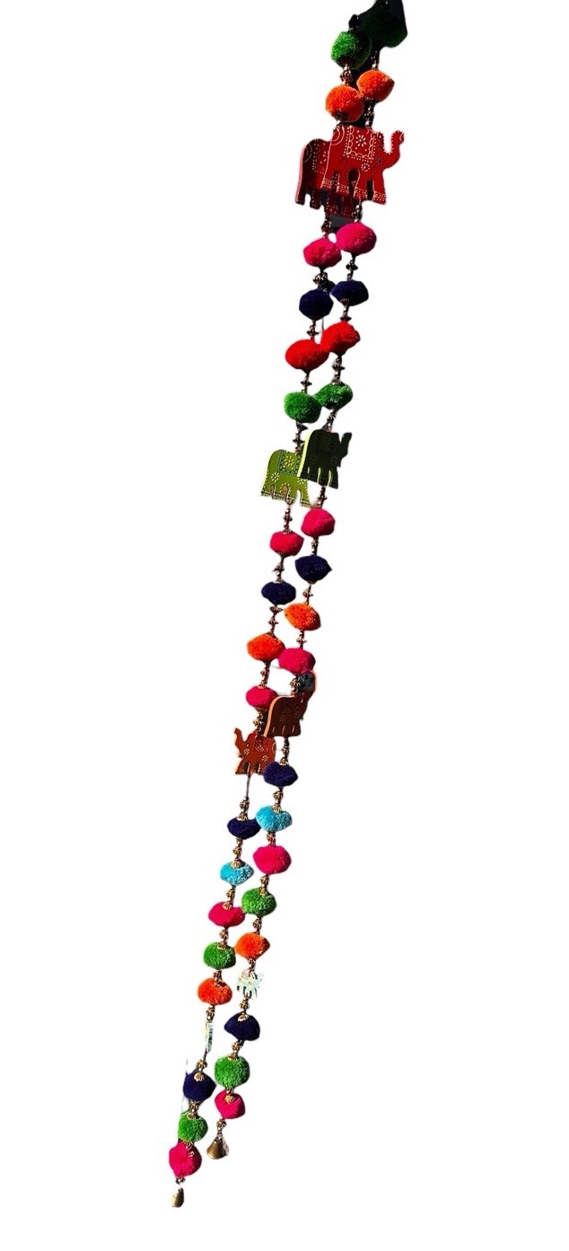 Elephant Garlands Pom Poms Wood Set of 3 Boho Indian Festival Diwali