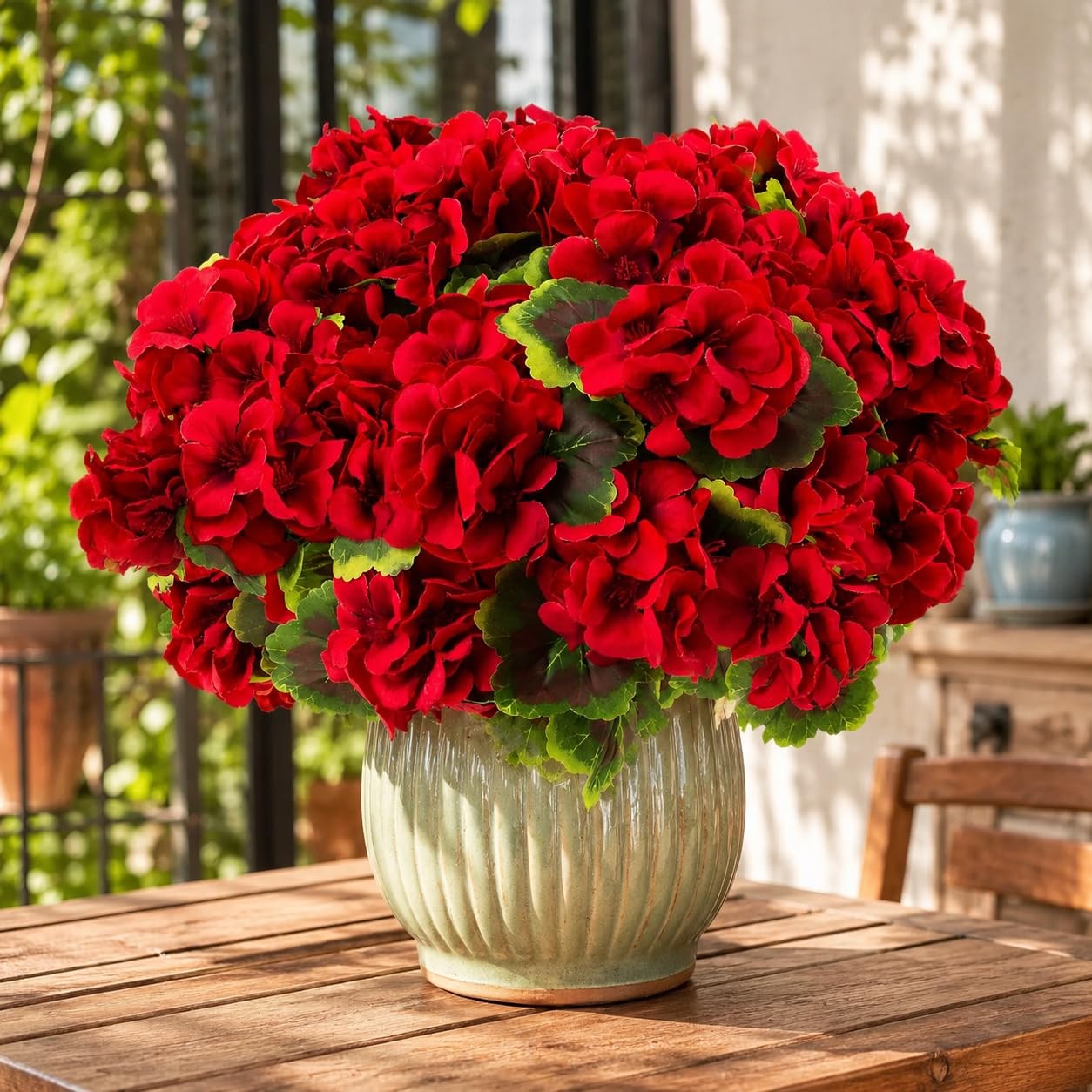 8 Bundles Artificial Geraniums for Outdoors – Red Silk Fake Flowers – UV Resi…