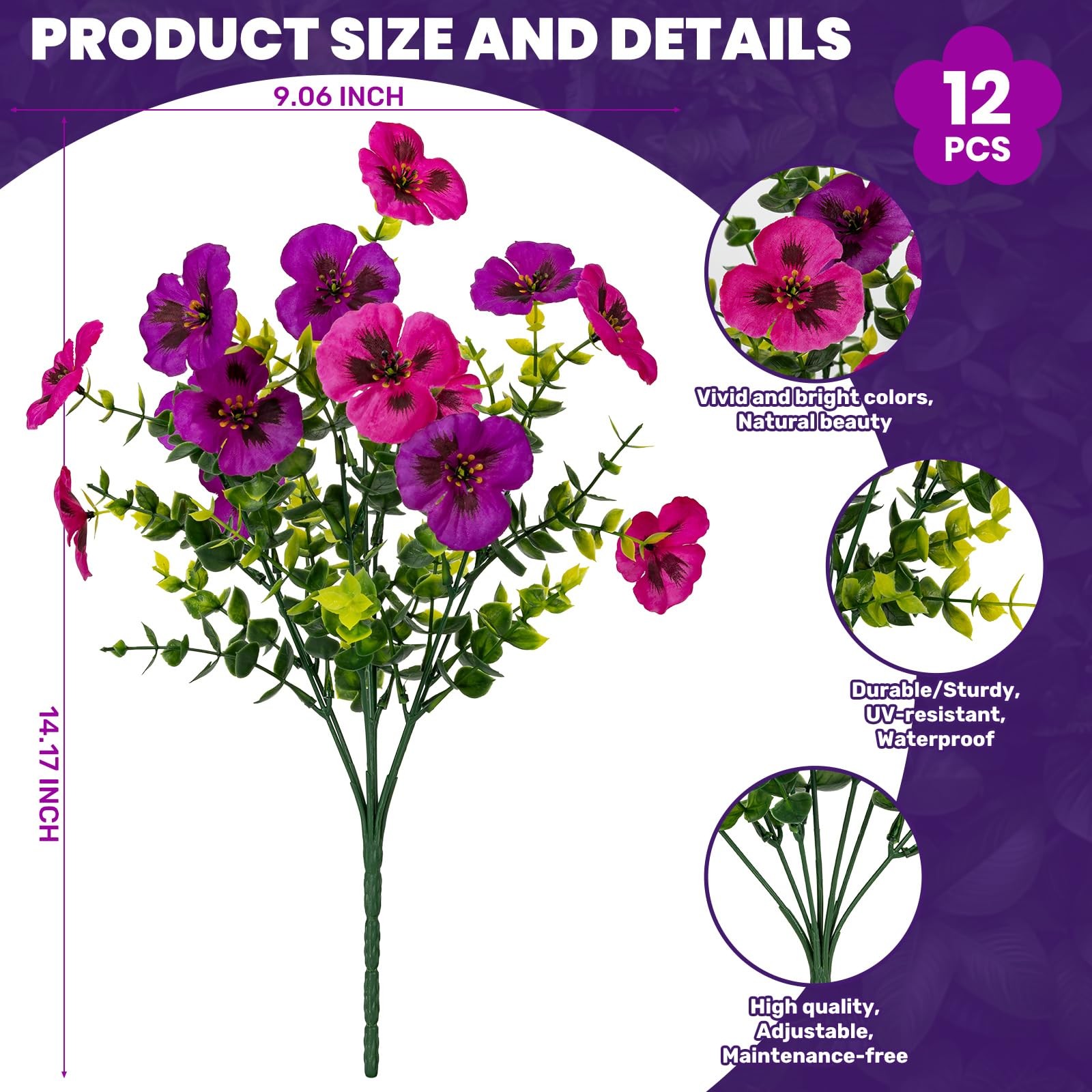 12 Piece Outdoor Artificial Flowers Fake Pansies –Tone Faux Flowers per Stem…