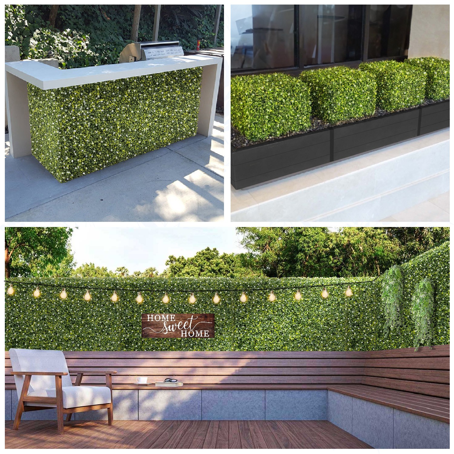 Artificial Boxwood Hedge Wall With White Flowers Faux Leaves Room Divider Fence